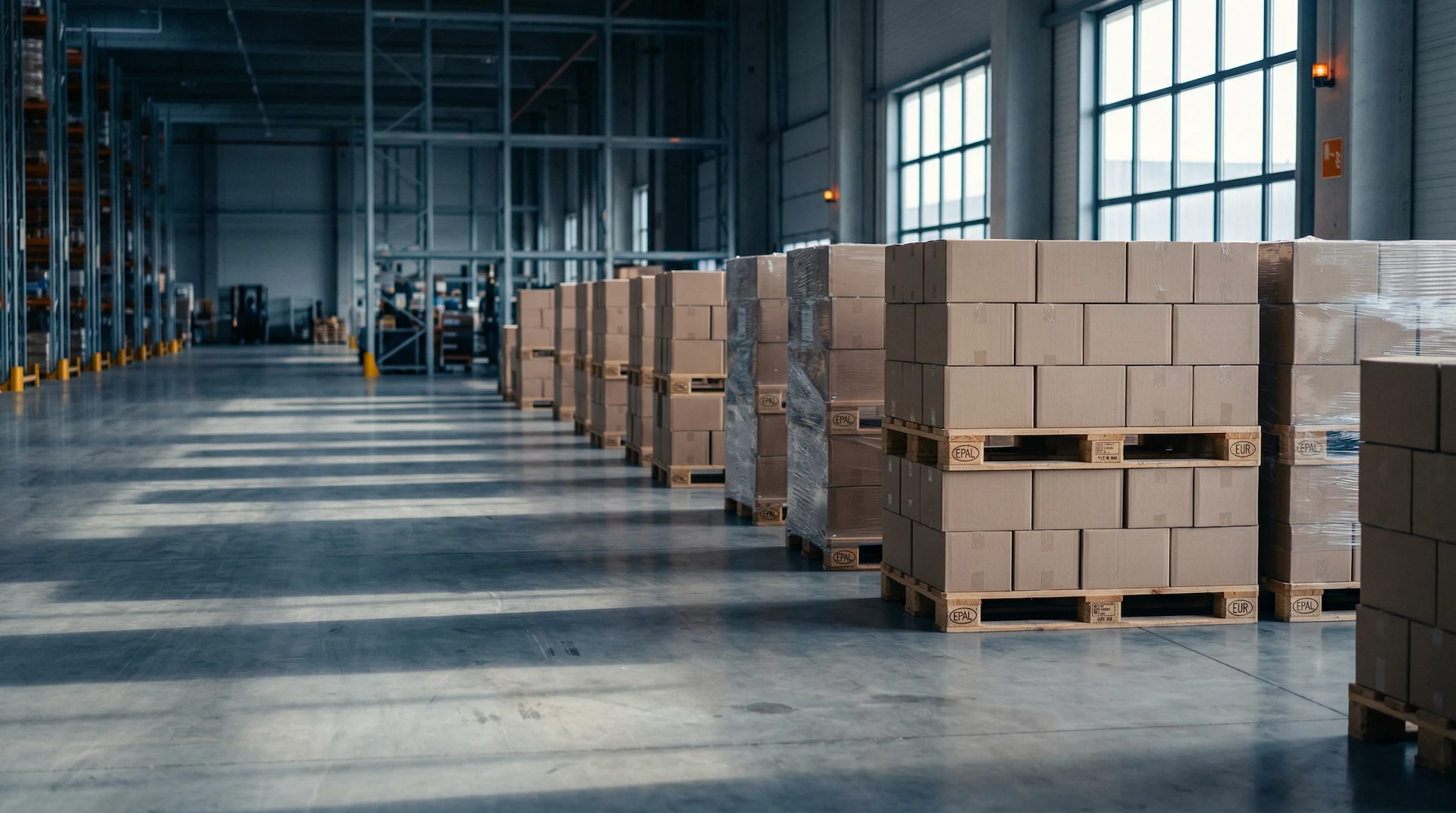 Modern logistics warehouse interior with stacked pallets