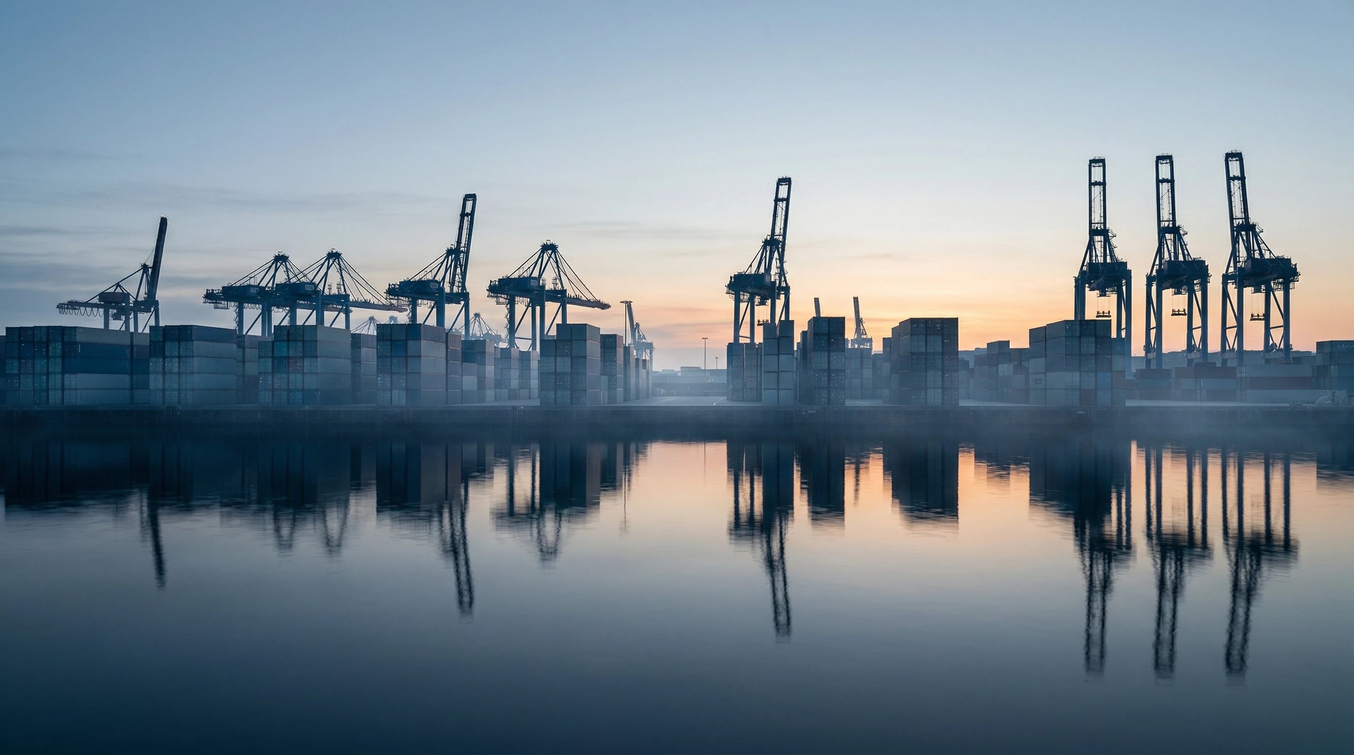 Container cranes at the port of Hamburg at dawn